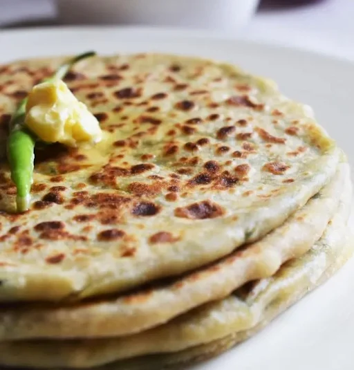 10" Aloo Methi Parantha + Achar, White Butter, Mint Chutney, Dahin