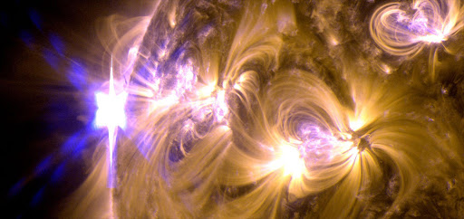 The sun erupted with an X1.7-class solar flare. This is a blend of two images of the flare from NASA's Solar Dynamics Observatory: One image shows light in the 171-angstrom wavelength, the other in 131 angstroms.