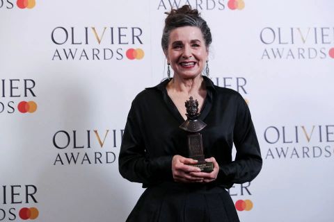 Liza Sadovy poses after winning the Best Actress In A Supporting Role In A Musical award for the "Cabaret" at the Olivier Awards in the Royal Opera House in London, Britain April 10, 2022.