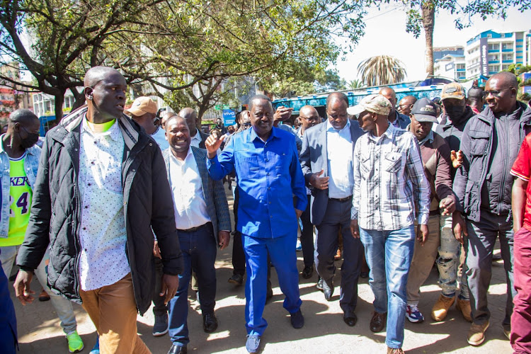 Azimio leader Raila Odinga walking through the CBD Nairobi on July 10, 2023.