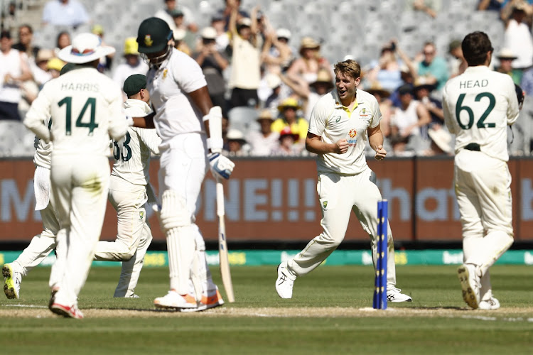 Cameron Green of Australia celebrates his fifth wicket, of Lungi Ngidi, in the first innings on day one of the second Test agianst South Africa at the Melbourne Cricket Ground on December 26 2022.