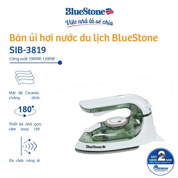 [Mã Elre2Tr Giảm 8% Đơn 500K] Bàn Ủi Hơi Nước Mini Bluestone Sib - 3819 (1200W) - Bảo Hành 24 Tháng - Hàng Chính Hãng