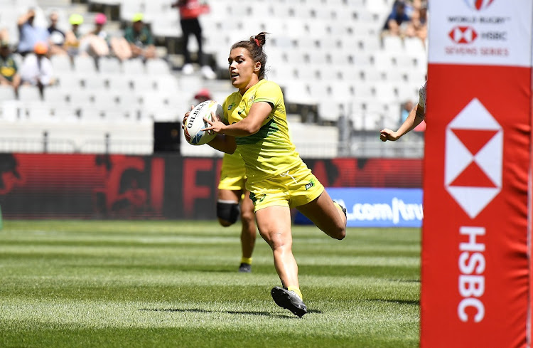 Madison Ashby of Australia scores a try on day 1 of the 2019 HSBC Cape Town Sevens Women's Pool C match 1 against England at Cape Town Stadium on Friday.