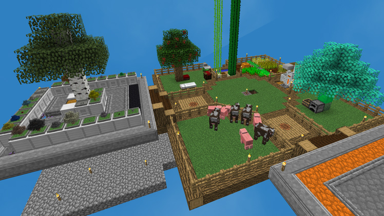 A screenshot showing a SkyBlock island using the modpack showing a little bit of progression