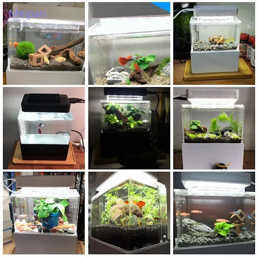 Mini Betta Fish Tank Acrylic Aquarium Desktop Decorations Marine Aquaponic Fishes Bowl With Water Fliter USB Air Pump LE
