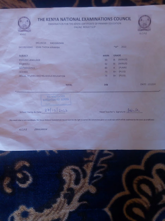 John Mramba's KCPE result slip.He scored 348 marks but has been unable to join high school.