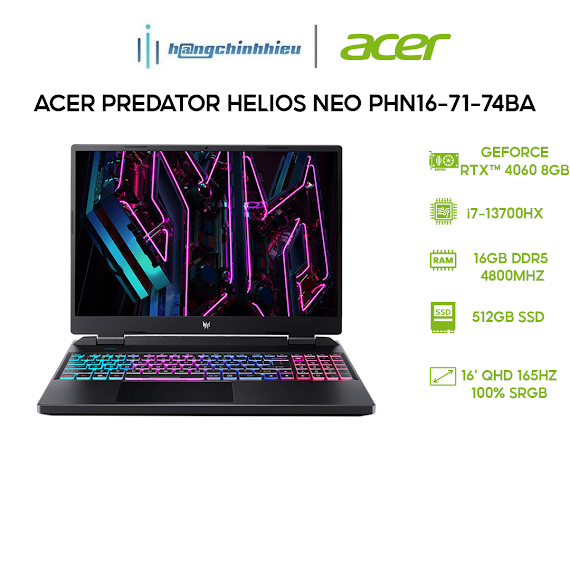 Laptop Acer Predator Helios Neo Phn16 - 71 - 74Ba (I7 - 13700Hx|16Gb|512Gb|Rtx 4060 8Gb) Hàng Chính Hãng