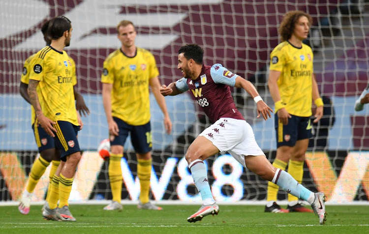 Aston Villa's Trezeguet celebrates scoring against Arsenal in the English Premier League match at Villa Park, Birmingham, on July 21, 2020