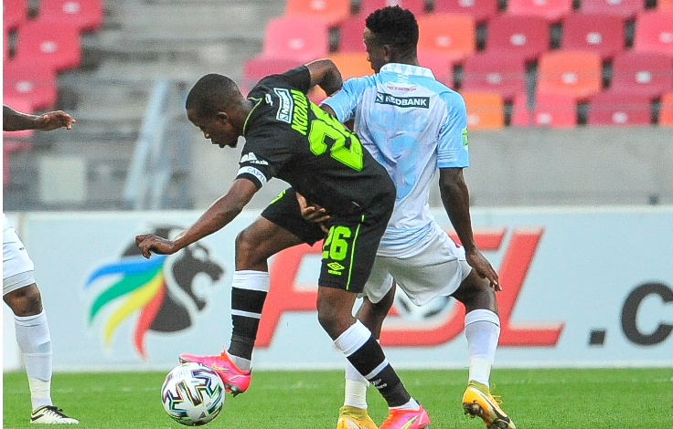 Thabo Nodada, captain of Cape Town City, and Maloisane Mokhele of Chippa United during the Nedbank Cup, Last 16 match between Chippa and Cape Town City at Nelson Mandela Stadium on February 28 2021 in Gqeberha.