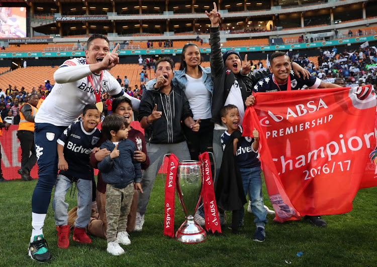 Moeneeb Josephs and Daine Klate of Bidvest Wits celebrates with families as Wits are crowned the 2016/2017 Absa Premiership Champions. It was Wits' first and only league championship but Klate won two other trophies with the now extinct students.