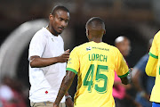  Thembinkosi Lorch of Mamelodi Sundowns celebrates his goal with coach Rulani Mokwena during the Nedbank Cup, Last 16 match between Mamelodi Sundowns and Maritzburg United at Lucas Masterpieces Moripe Stadium in Pretoria on March 17, 2024 in Pretoria.