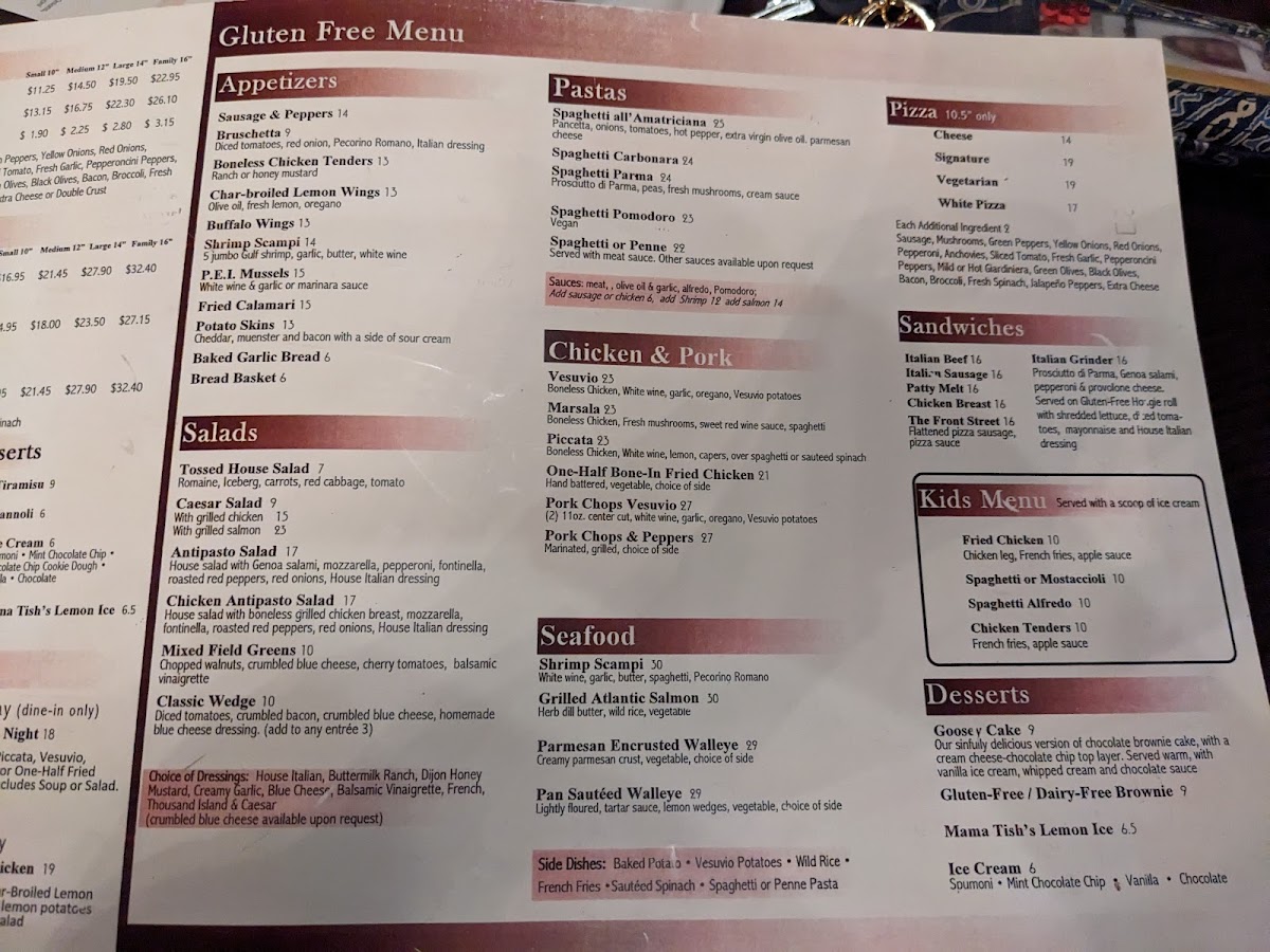 Traverso's gluten-free menu