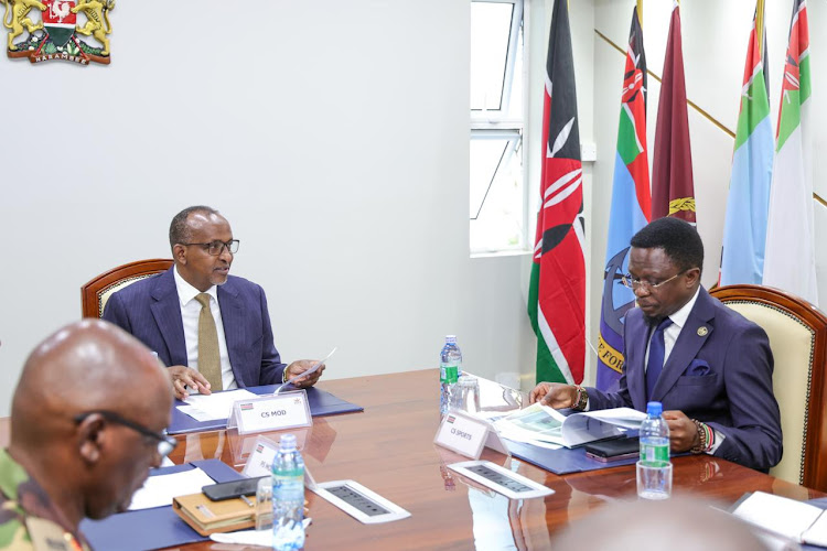 Cabinet Secretary for Defence Aden Duale and his counterpart from the Youth Affairs and Sports, Ababu Namwamba engaging in talks on February 27, 2024