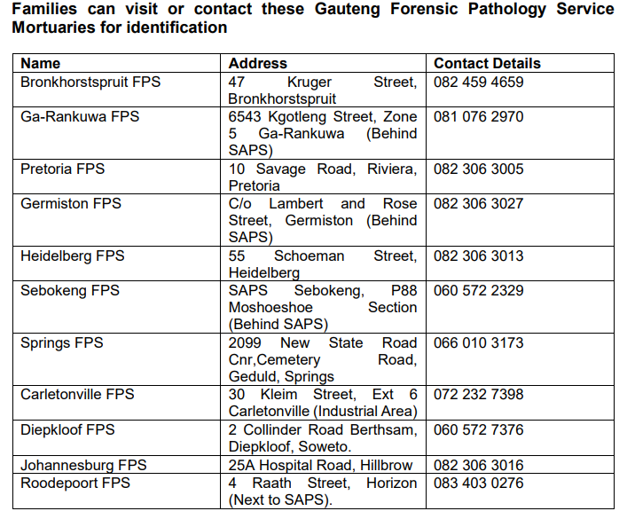 Families of missing persons can go to the following mortuaries to help identify and claim unidentified bodies.