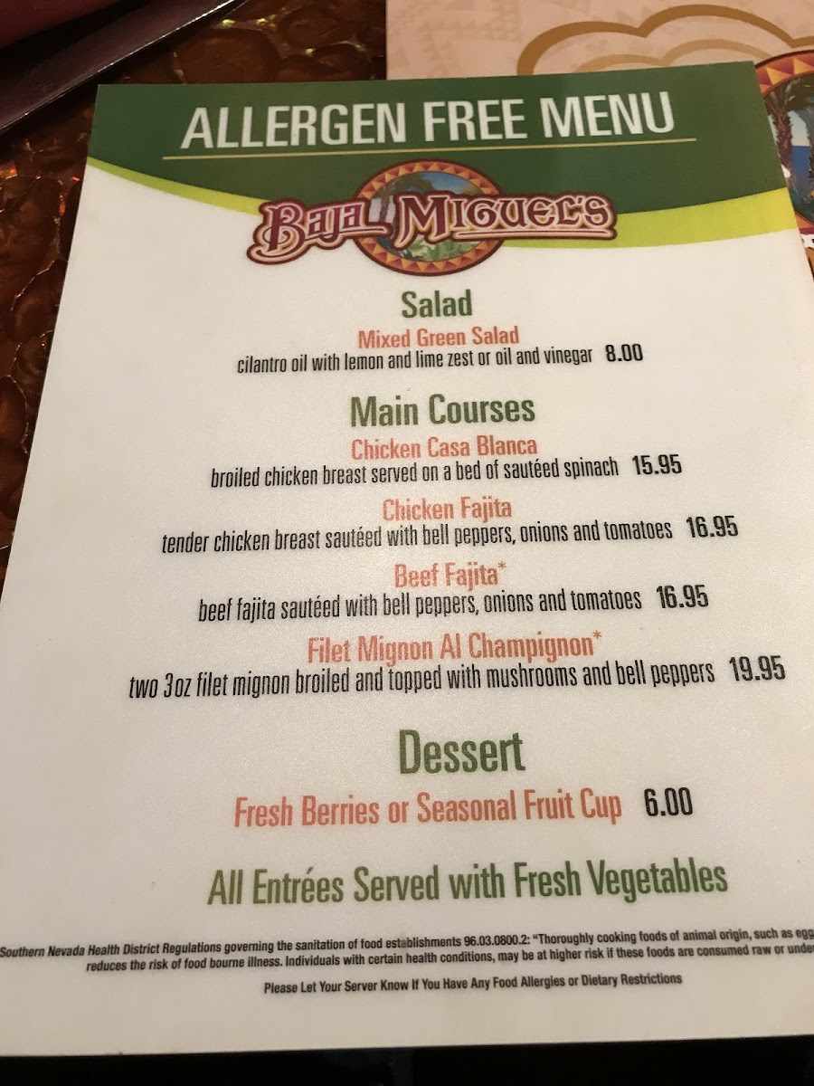 Baja Miguel's gluten-free menu