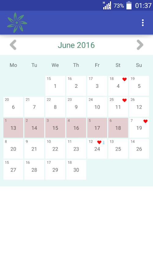 Android application Womans calendar screenshort