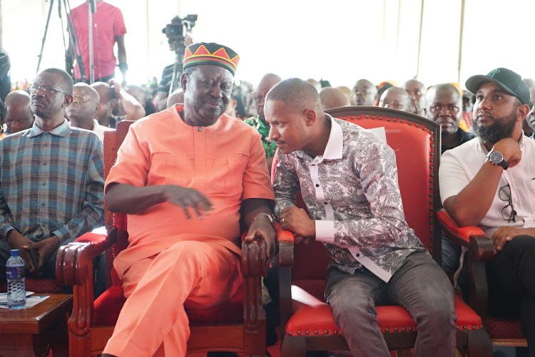 Azimio la Umoja leader Raila Odinga and Embakasi East MP Babu Owino during the Ceremony of Installation of Fredrick Owili as chief of Seme in Migori County on May 18, 2024.