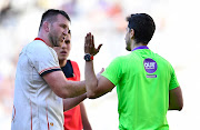 Ulster captain Alan O'Connor in discussion with referee Gianlucu Gnecchi during the United Rugby Championship match against the Stormers at Cape Town Stadium on March 26 2022.