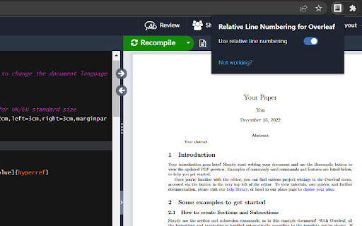 Relative Line Numbering for Overleaf