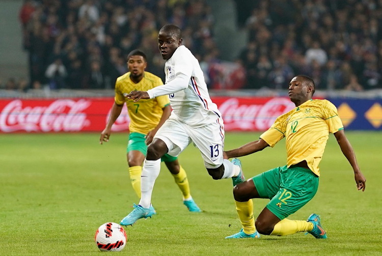 N'Golo Kante of France beats Bafana Bafana's Bongokuhle Hlongwane in the international friendly at Stade Pierre Mauroy, in Lille, France on March 29 2022.