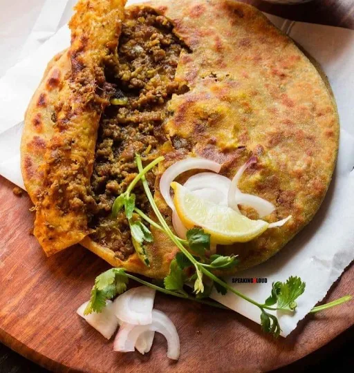 10" Mutton Keema Double Egg Parantha+Achar, White Butter,Chutney,Dahin