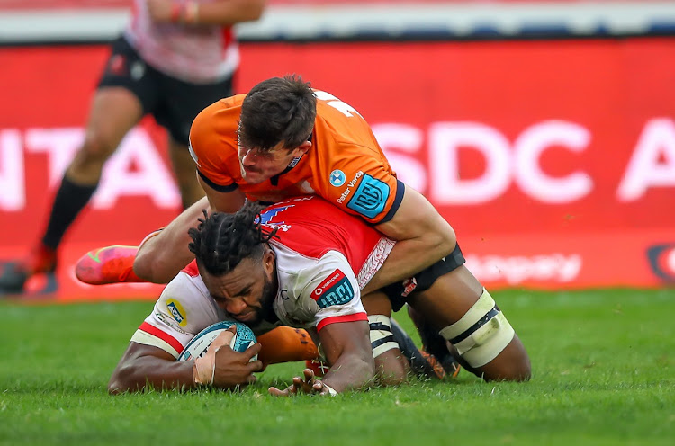 Try time for Vincent Tshituka of the Lions during the United Rugby Championship match against Edinburgh at Ellis Park on April 2 2022.