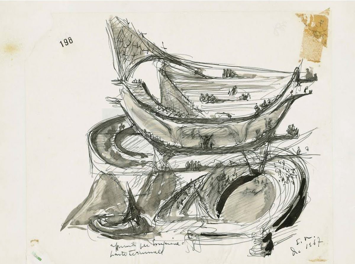 Giovanni Michelucci, Appunto per Longarone, parte terminale, penna, pennello e inchiostro su carta, cm. 22 x 27, 1967