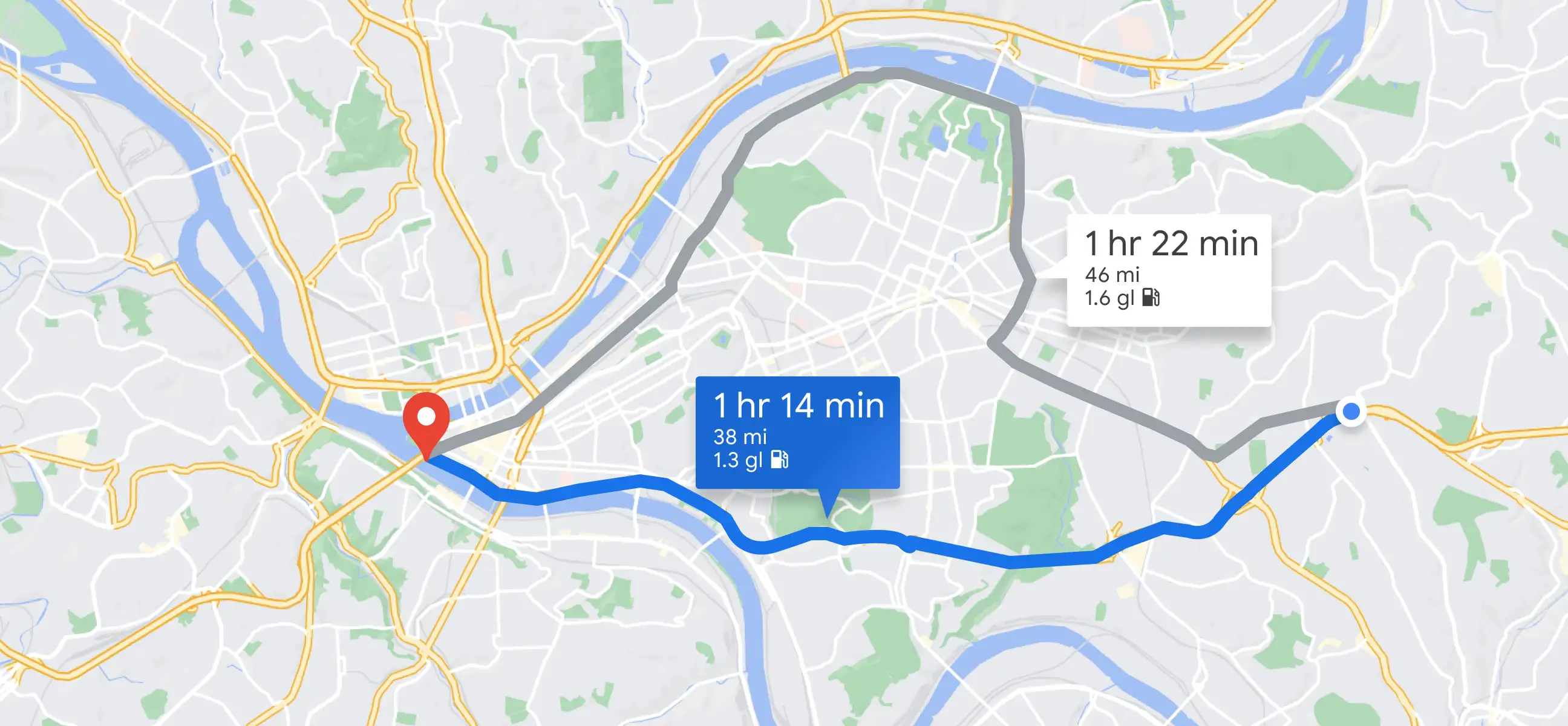 Map comparing fuel costs of two routes