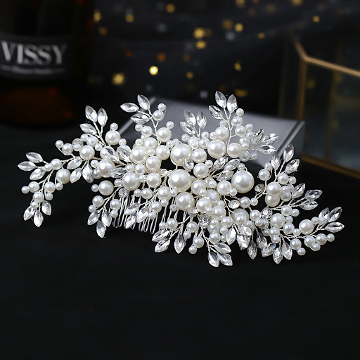 Title 3, Bridal Handmade Silver Hair Comb with Pearls an...