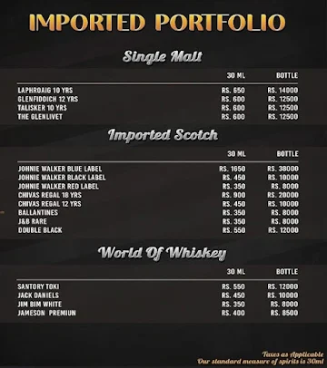 Club Bombay At Sheesha Sky Lounge menu 