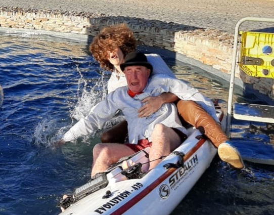 Des James, 82, and his grandson, Christopher, attempting to paddle in a fountain at a retirement village in Umkomaas.