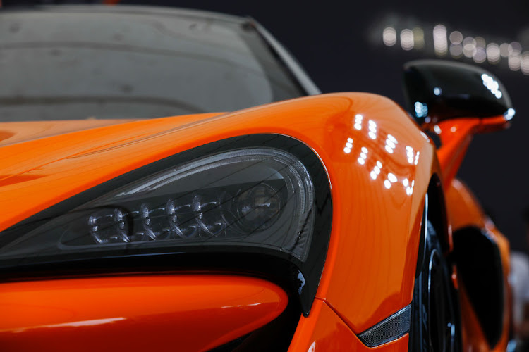 A headlight on the McLaren 600LT supercar, manufactured by McLaren Automotive Ltd, during the car's launch at the Goodwood Festival of Speed near Chichester, in the UK, on July 12 2018.