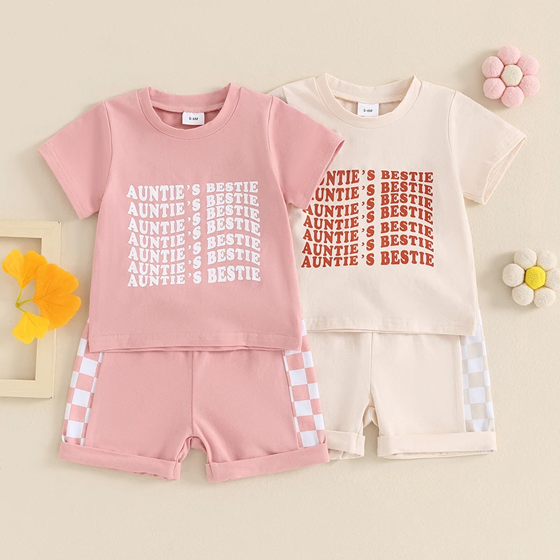 Ensemble décontracté à carreaux pour filles, manches courtes, imprimé tendance, parfait pour un look quotidien confortable et stylé, idéal pour jouer.