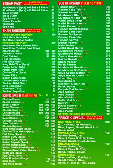 Prince Ki Rasoi menu 