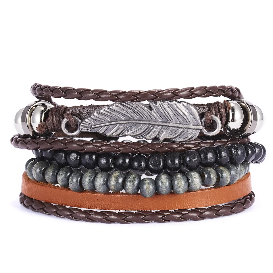 Nouveau Bracelet de Costume en Cuir pour Homme, avec Motif Feuilles Créatives, Perles en Bois Tissées et Ajustable
