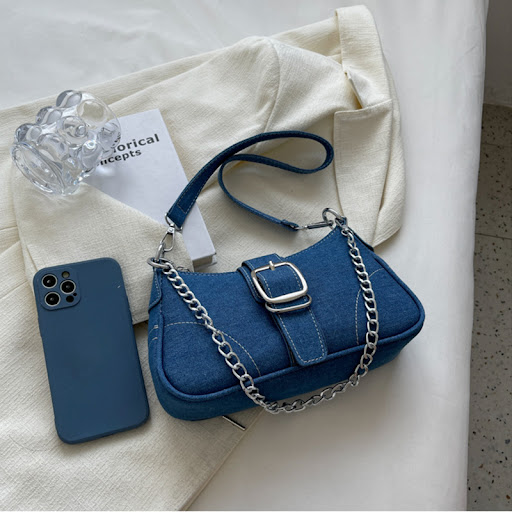 Title 1, Womens Denim Shoulder Bag with Chains, Small S...