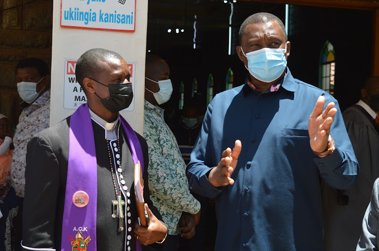 Geoffrey Mungai Provost ACK St. James Cathedral church Kiambu town with Justin Muturi national assembly speaker and Presidential aspirant after a church service on Sunday