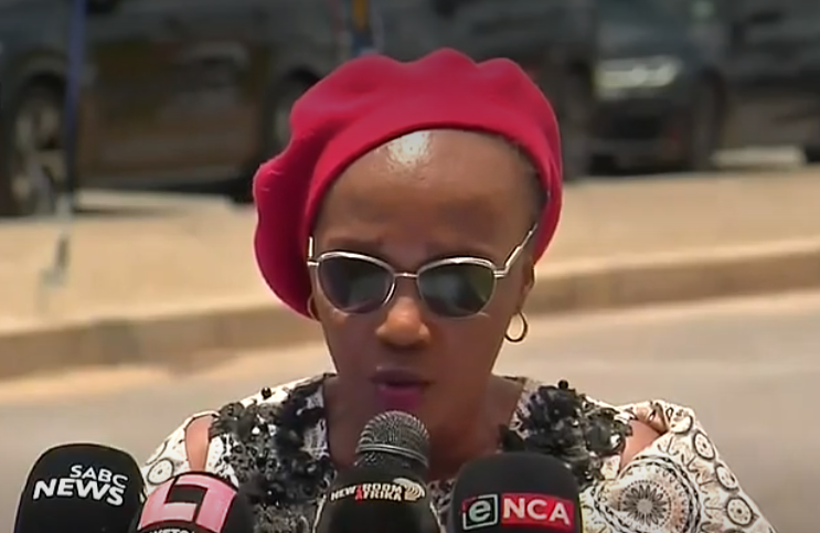 Transport minister Sindisiwe Chikunga addresses the media at the N1 Grasmere toll gate.