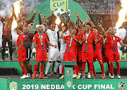 Last season's Nedbank Cup winners TS Galaxy celebrate on stage after the crowning ceremony following their unlikely defeat of  Kaizer Chiefs  at the Moses Mabhida Stadium in Durban. 