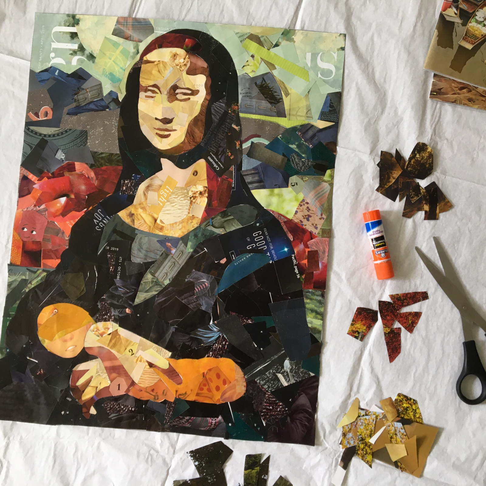 A cut-paper collage of the Mona Lisa