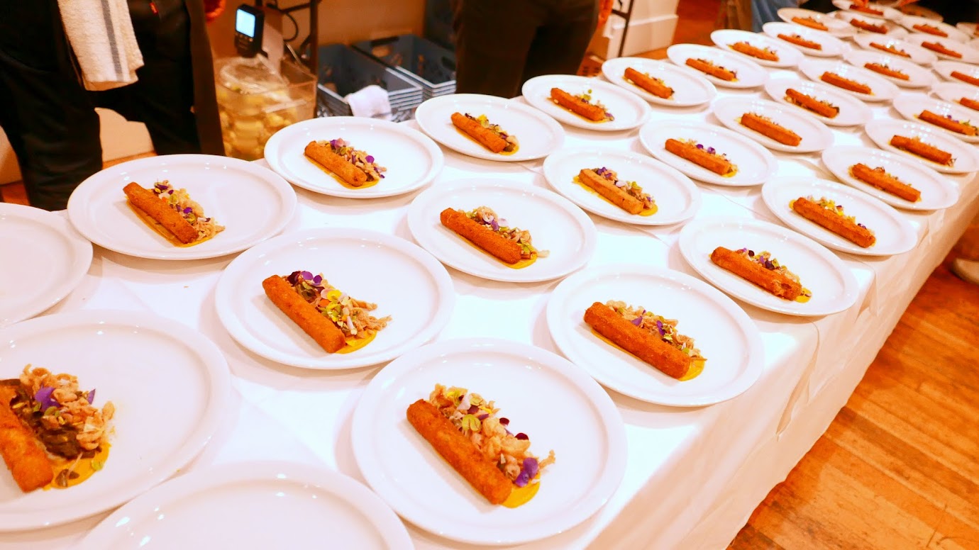 Feast Portland 2016 Twisted Filipino Dinner Abobong Pato: duck adobo croquette, roasted eggplant custard, pickled ramps, chicharron paired with Lagunitas Pils