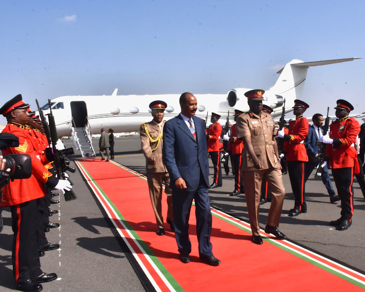 Eritrean President Isaias Afwerki arrives at the Jomo Kenyatta International Airport on Wednesday, February 8, 2023.