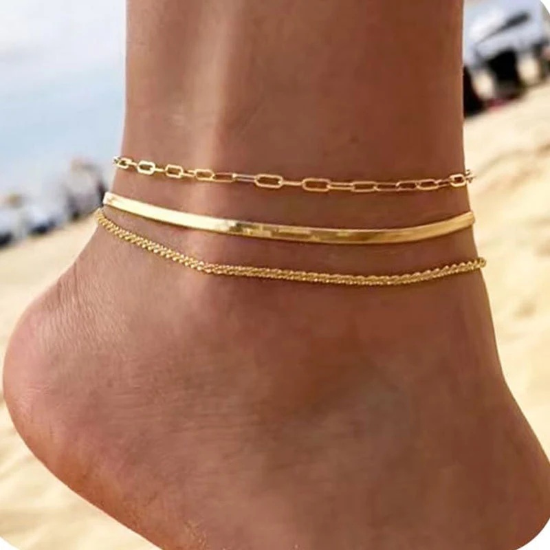 Dames retro beach voetornamenten, 3-delig meerlaags. Creëer een zomerse en bohemien look met deze stijlvolle enkelbandjes. Ideaal voor het strand.
