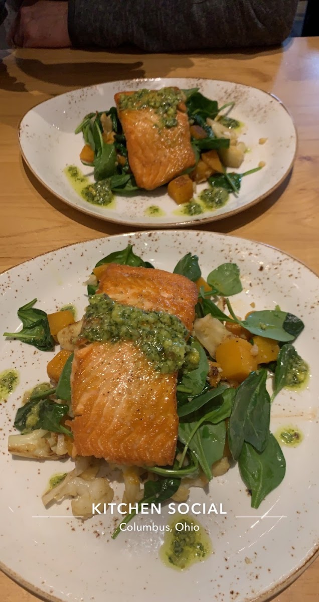 Salmon with Pesto sauce, spinach, butternut squash, and cauliflower