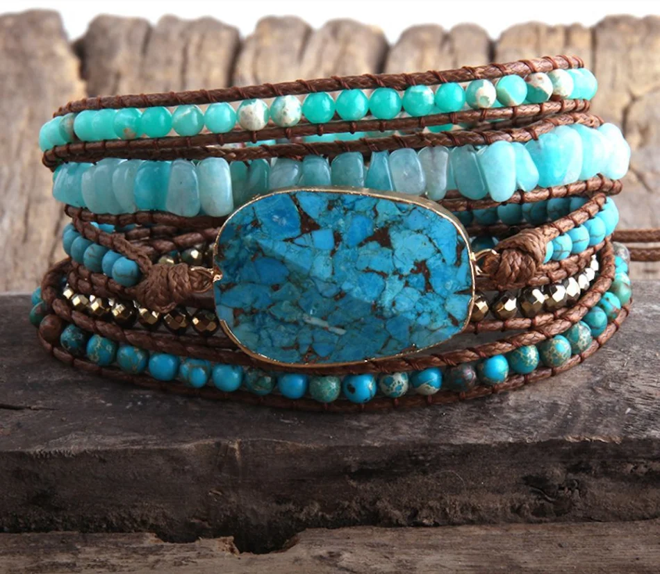Vintage Emperor Stone leren armband met natuurlijke hoeksnede