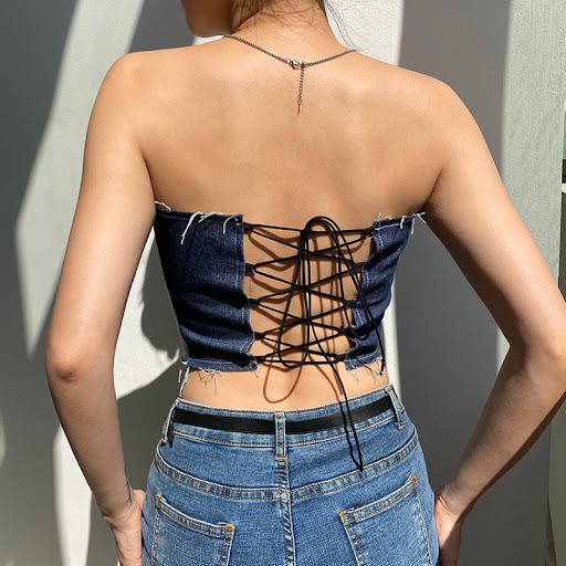 Title 4, Denim Stitching Raw-edge Lace-up Tube Top T-shirt