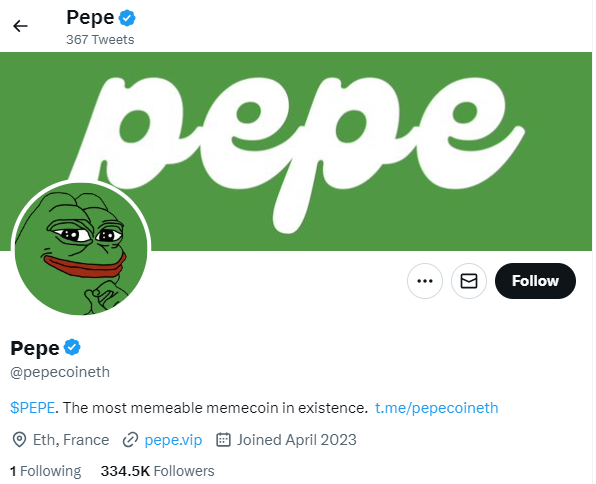 Twitter screenshot of PEPE coin profile