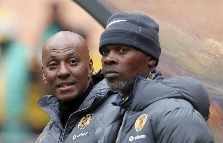 Kaizer Chiefs sporting director Kaizer Motaung Jnr with coach Arthur Zwane during the DStv Premiership match against Swallows FC at FNB Stadium in Johannesburg on May 21 2022.