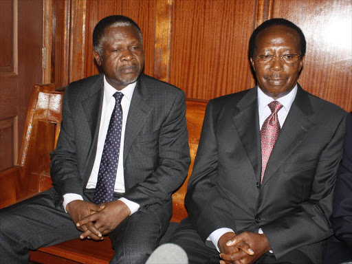 Chris Okemo and Samuel Gichuru at the high court for the hearing of their extradition case to the jersey./file
