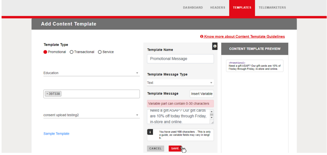 A picture showing how to add content templates on the Airtel DLT portal | SMScountry